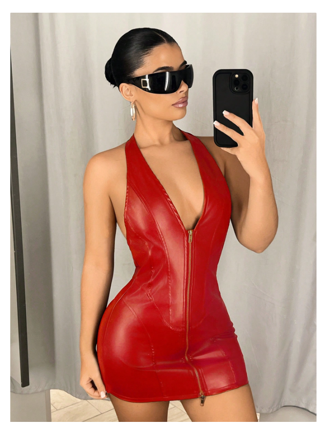 Deep V-Neck Halter Dual Zipper Bodycon Mini PU Leather Dress