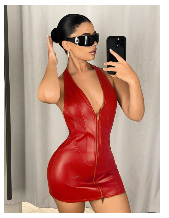 Deep V-Neck Halter Dual Zipper Bodycon Mini PU Leather Dress