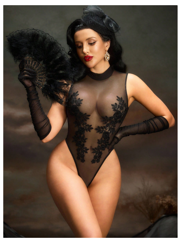 High Collar Embroidered Lace Bodysuit – Black Elegance, Pure Power