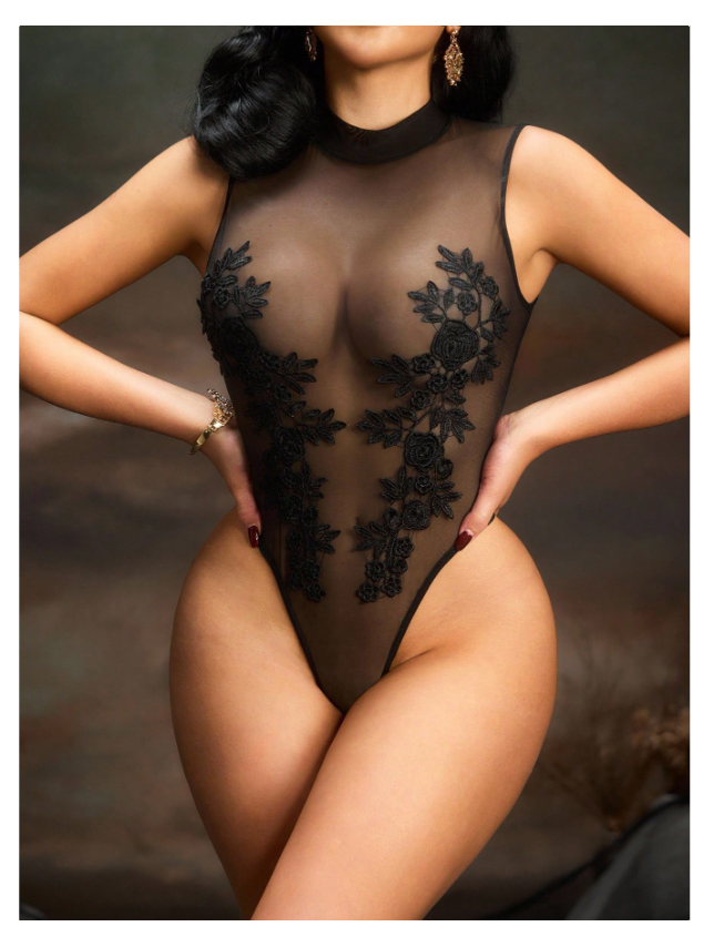 High Collar Embroidered Lace Bodysuit – Black Elegance, Pure Power