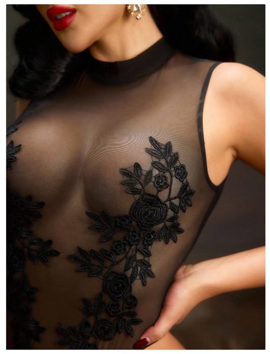High Collar Embroidered Lace Bodysuit – Black Elegance, Pure Power